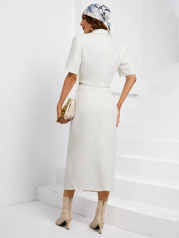 Lapel Neck Button Front Blazer & Split Hem Skirt