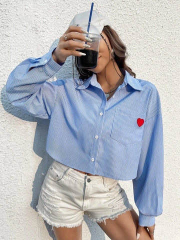 EZwear Striped Print Heart Embroidery Drop Shoulder Pocket Patched Shirt
