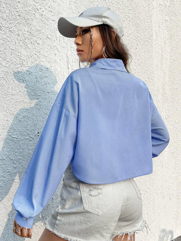 EZwear Striped Print Heart Embroidery Drop Shoulder Pocket Patched Shirt