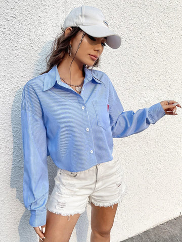 EZwear Striped Print Heart Embroidery Drop Shoulder Pocket Patched Shirt