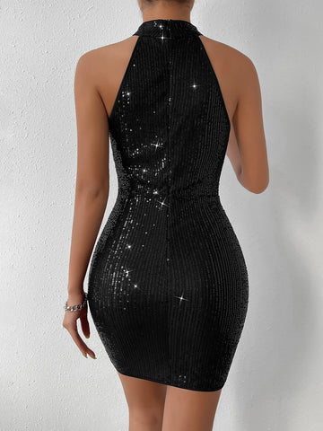 Halter Neck Ruched Sequin Bodycon Dress