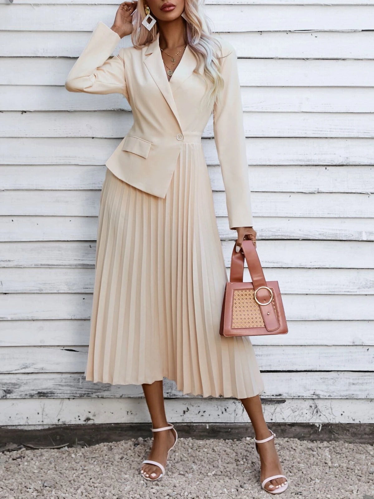Lapel Collar Flap Detail Pleated Hem Dress
