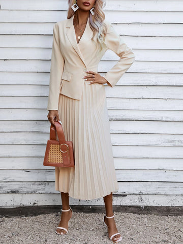Lapel Collar Flap Detail Pleated Hem Dress