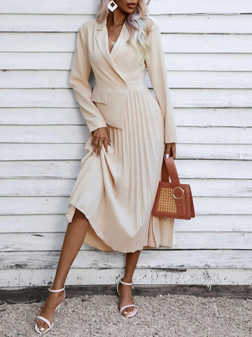 Lapel Collar Flap Detail Pleated Hem Dress