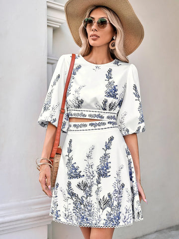 VCAY Plants Print Lantern Sleeve Blouse & Skirt