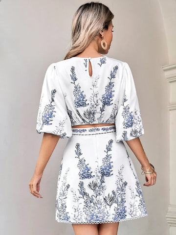 VCAY Plants Print Lantern Sleeve Blouse & Skirt