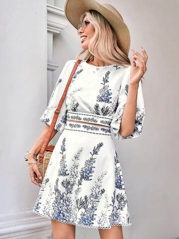 VCAY Plants Print Lantern Sleeve Blouse & Skirt