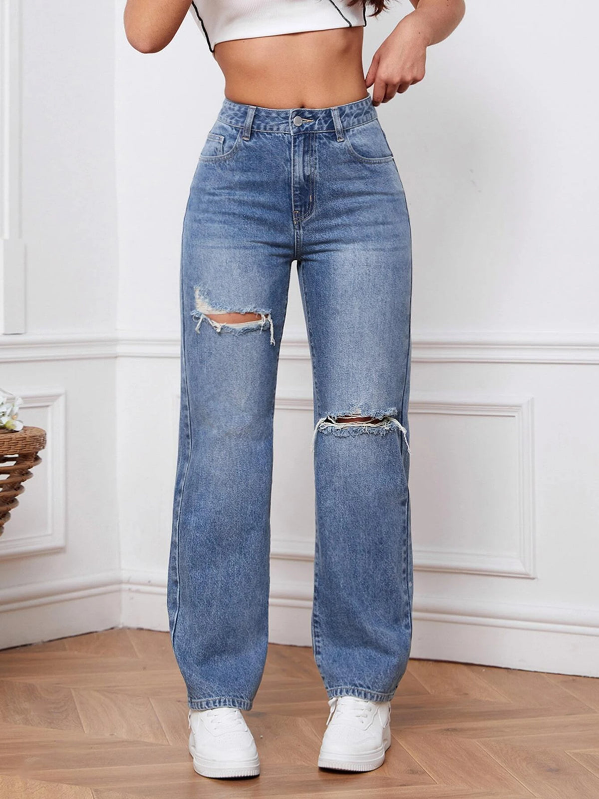 Ripped Straight Leg Jeans