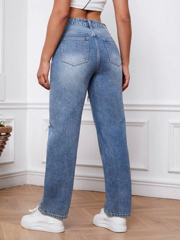 Ripped Straight Leg Jeans