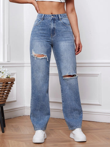 Ripped Straight Leg Jeans