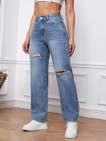 Ripped Straight Leg Jeans