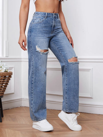 Ripped Straight Leg Jeans