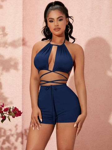 Tie Backless Crisscross Hem Crop Halter Top & Biker Shorts Set