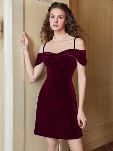 MOD Cold Shoulder Ruched Velvet Dress