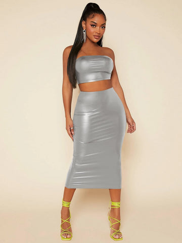 PU Leather Crop Tube Top & Pencil Skirt