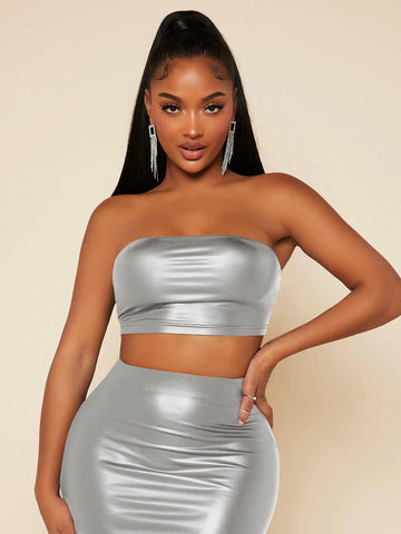 PU Leather Crop Tube Top & Pencil Skirt