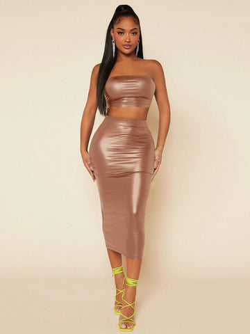 PU Leather Crop Tube Top & Pencil Skirt