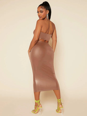 PU Leather Crop Tube Top & Pencil Skirt