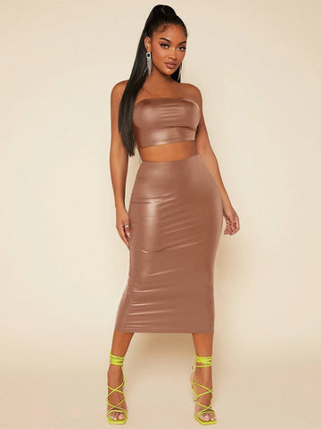 PU Leather Crop Tube Top & Pencil Skirt