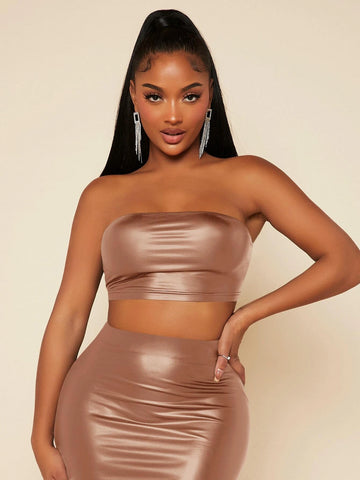 PU Leather Crop Tube Top & Pencil Skirt