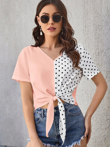 Polka Dot Print Knot Hem Blouse