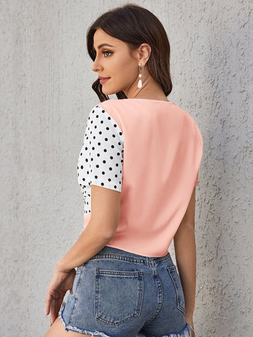 Polka Dot Print Knot Hem Blouse
