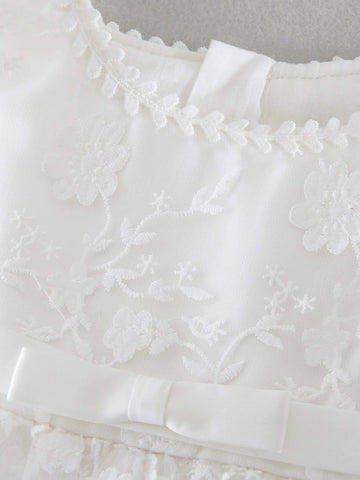 Baby Floral Embroidery Bow Front Lace Party Dress Without Hat