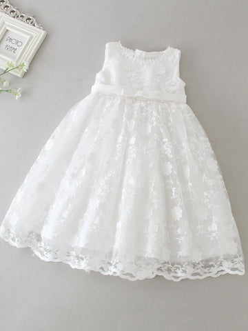 Baby Floral Embroidery Bow Front Lace Party Dress Without Hat