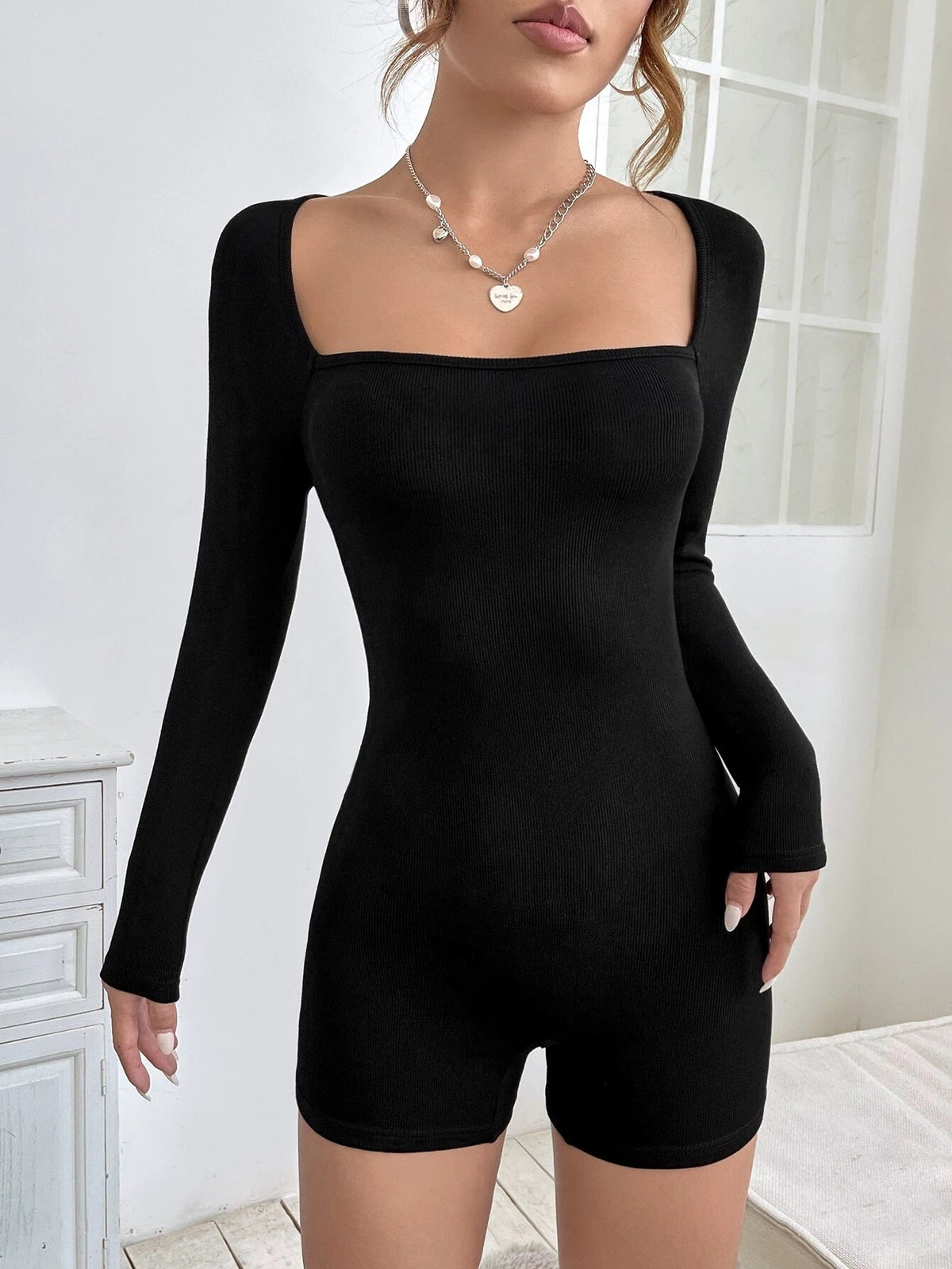 PETITE Square Neck Ribbed Knit Unitard Romper