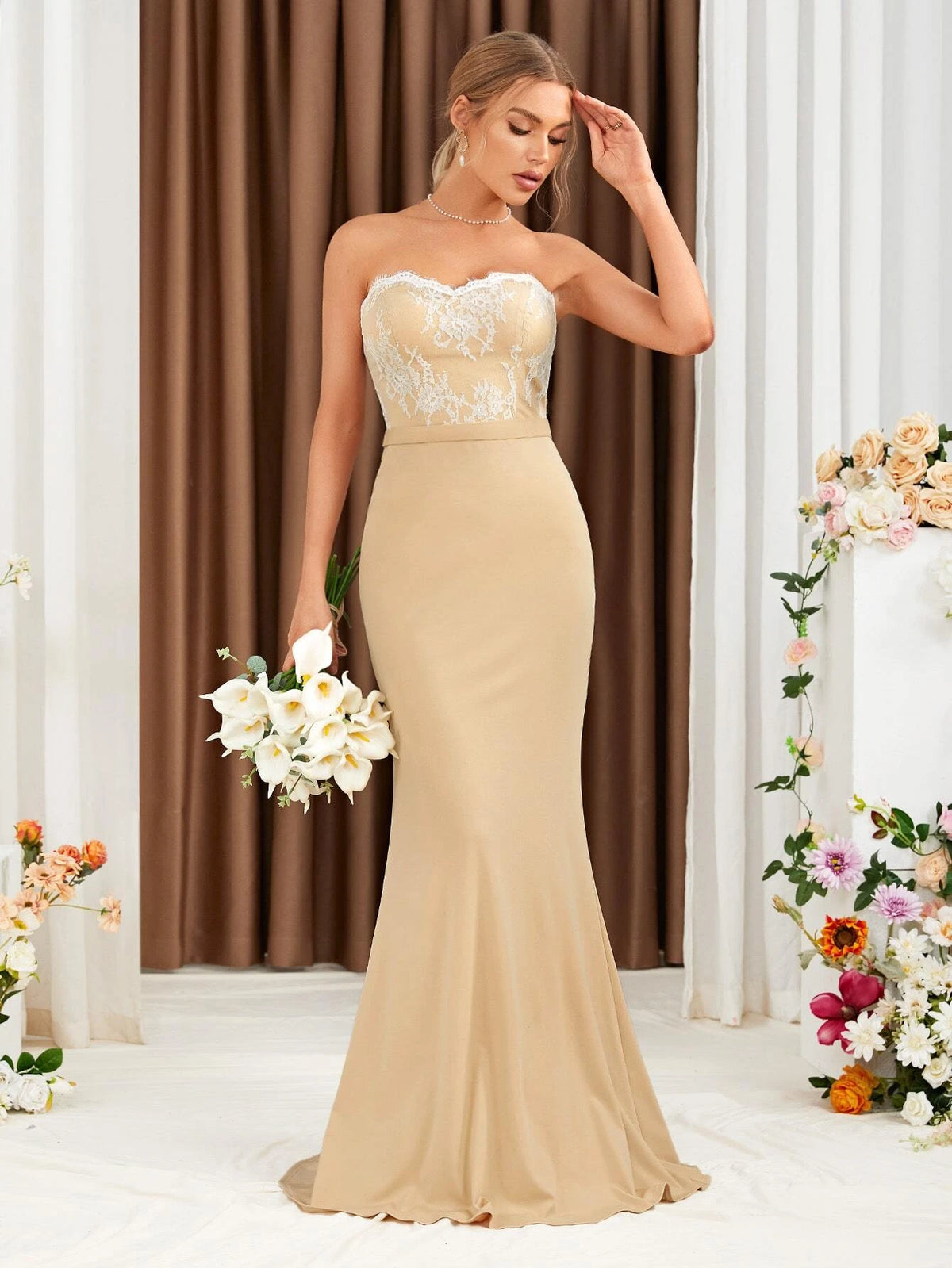 Lace Up Back Contrast Lace Mermaid Hem Tube Bridesmaid Dress