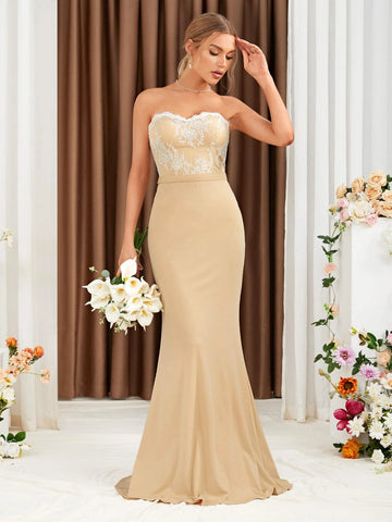 Lace Up Back Contrast Lace Mermaid Hem Tube Bridesmaid Dress