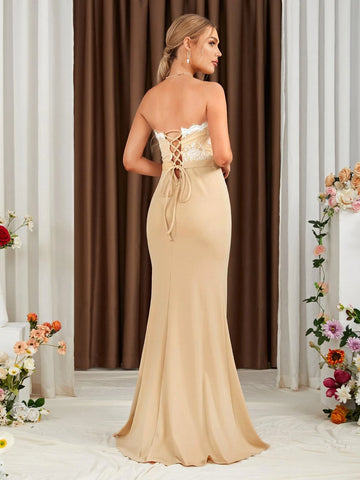 Lace Up Back Contrast Lace Mermaid Hem Tube Bridesmaid Dress