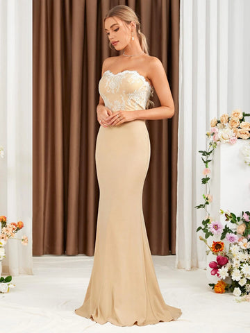 Lace Up Back Contrast Lace Mermaid Hem Tube Bridesmaid Dress