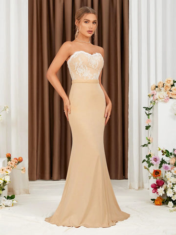 Lace Up Back Contrast Lace Mermaid Hem Tube Bridesmaid Dress