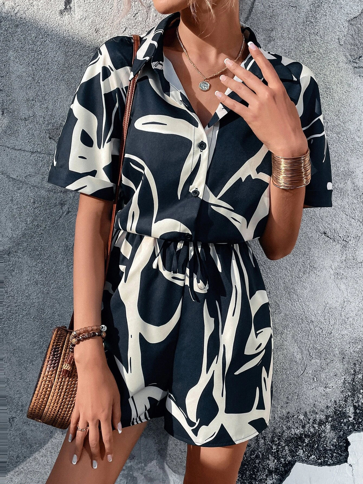 Graphic Print Knot Front Shirt Romper