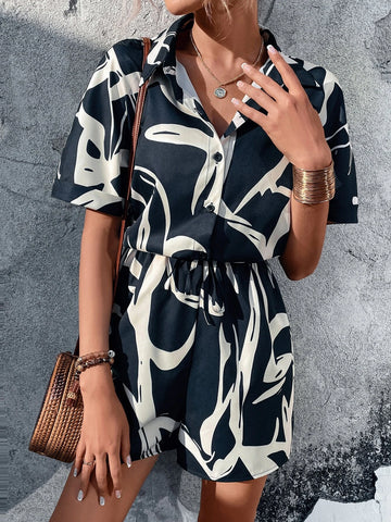 Graphic Print Knot Front Shirt Romper