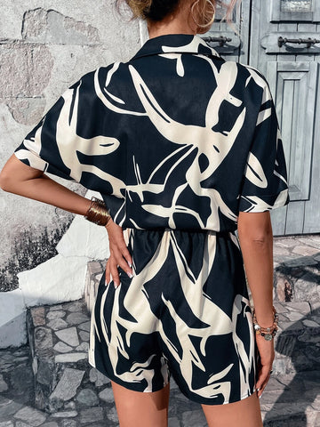 Graphic Print Knot Front Shirt Romper