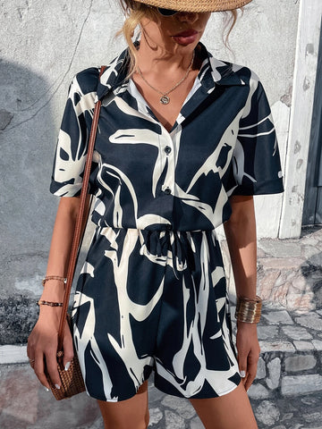 Graphic Print Knot Front Shirt Romper