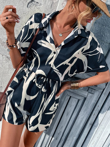 Graphic Print Knot Front Shirt Romper
