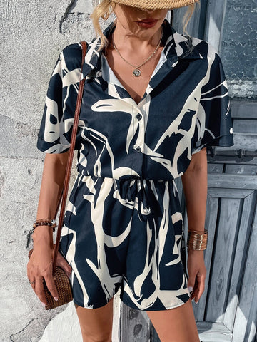 Graphic Print Knot Front Shirt Romper