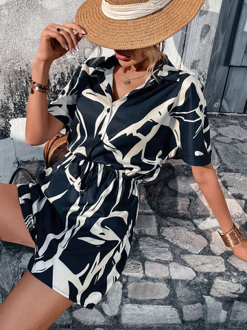 Graphic Print Knot Front Shirt Romper