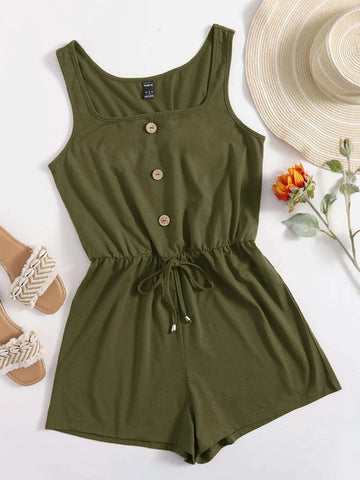 VCAY Drawstring Waist Button Front Tank Romper