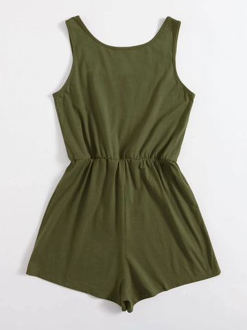 VCAY Drawstring Waist Button Front Tank Romper