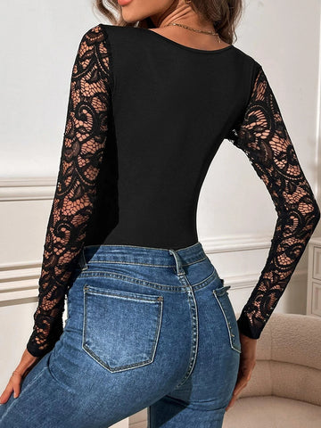 Contrast Lace Sweetheart Neck Bodysuit