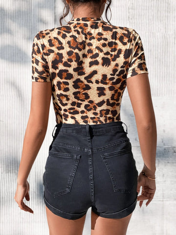 BAE Leopard Print Mock Neck Tee Bodysuit