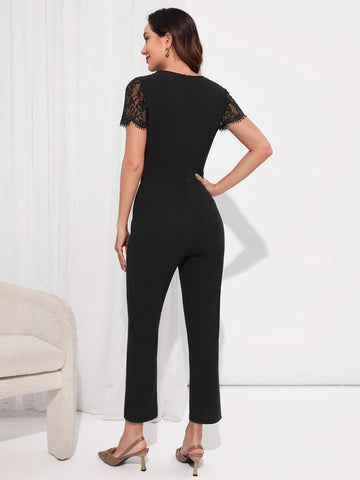 EMERY ROSE Contrast Lace Sleeve Overlap Collar Jumpsuit