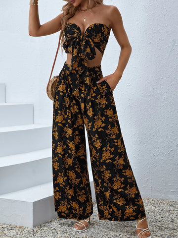 VCAY Floral Print Tie Front Tube Top & Wide Leg Pants