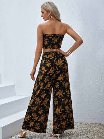VCAY Floral Print Tie Front Tube Top & Wide Leg Pants