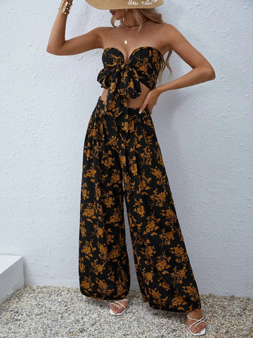 VCAY Floral Print Tie Front Tube Top & Wide Leg Pants