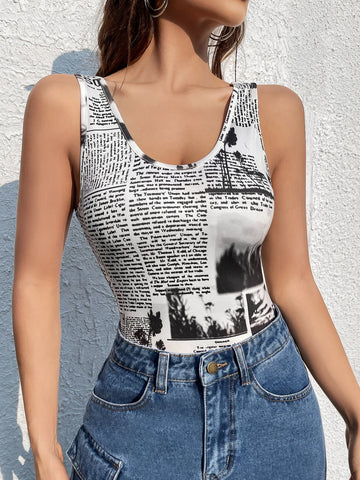 Newspaper Print Tank Bodysuit